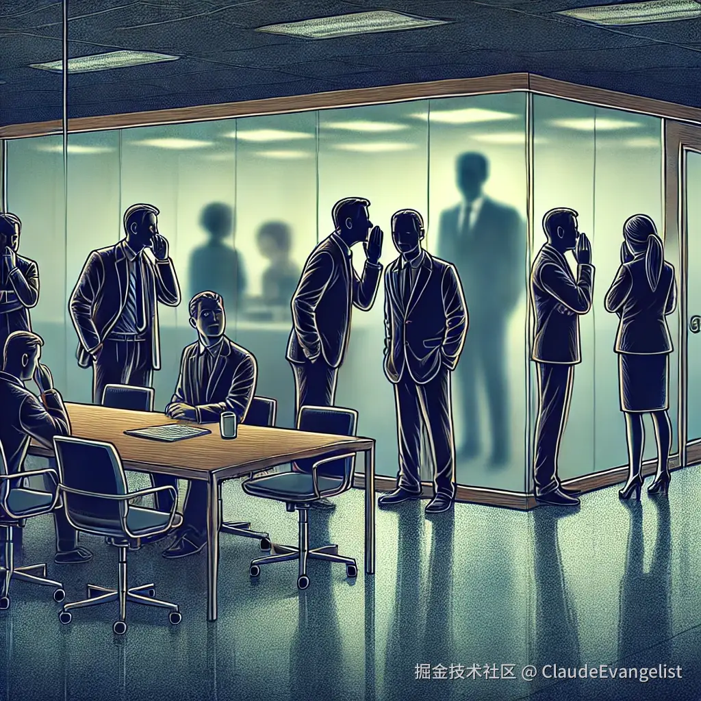 DALL·E 2024-12-12 15.58.48 - An illustration depicting a corporate office environment where employees are feeling uneasy and anxious. The image shows a dimly lit office with small.webp