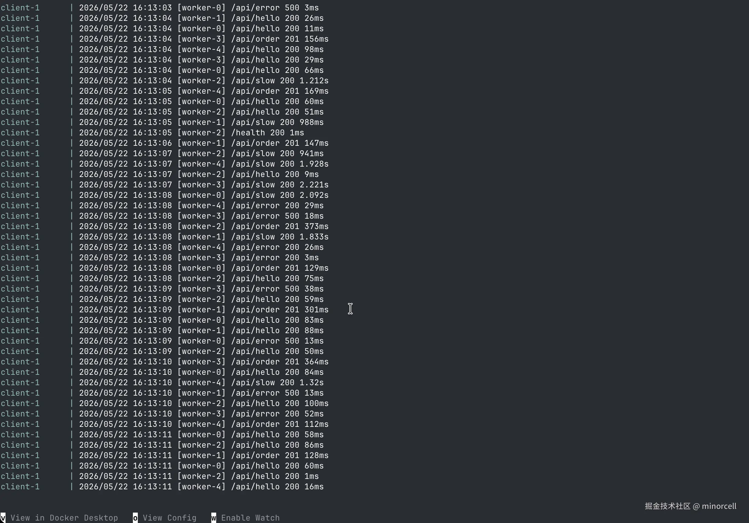 终端 docker compose up 输出，四个服务全部启动，Prometheus targets 页面显示 go-server UP