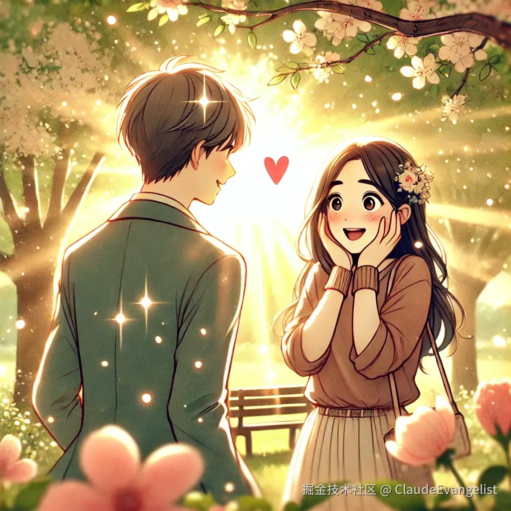 DALL·E 2024-10-26 08.58.57 - A romantic illustration showing two people seeing each other for the first time in a beautiful park setting. They both have surprised and happy expres.webp
