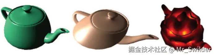 图3.8：左侧是一个正常的茶壶。中间的茶壶使用顶点着色器来对其进行了剪切变换。右图则使用了噪声函数来创建了一个扭曲的场，从而对模型进行了扭曲。