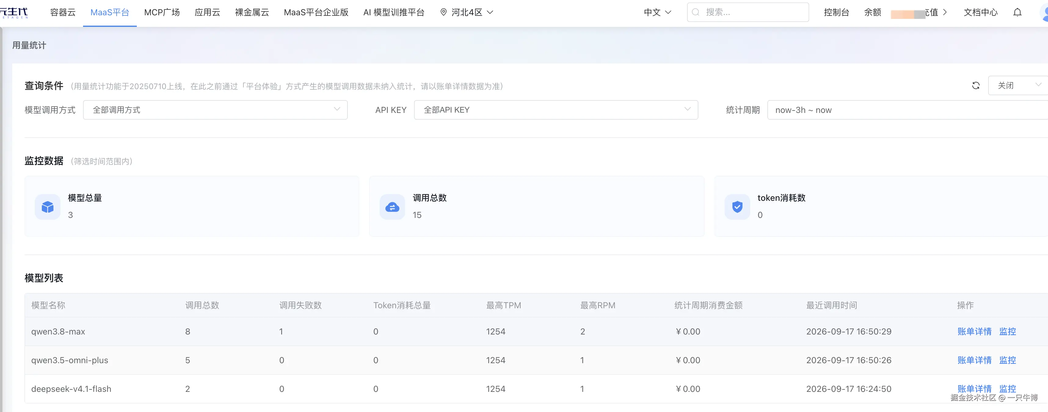 控制台用量统计按模型拆分，三个模型共用同一份凭证