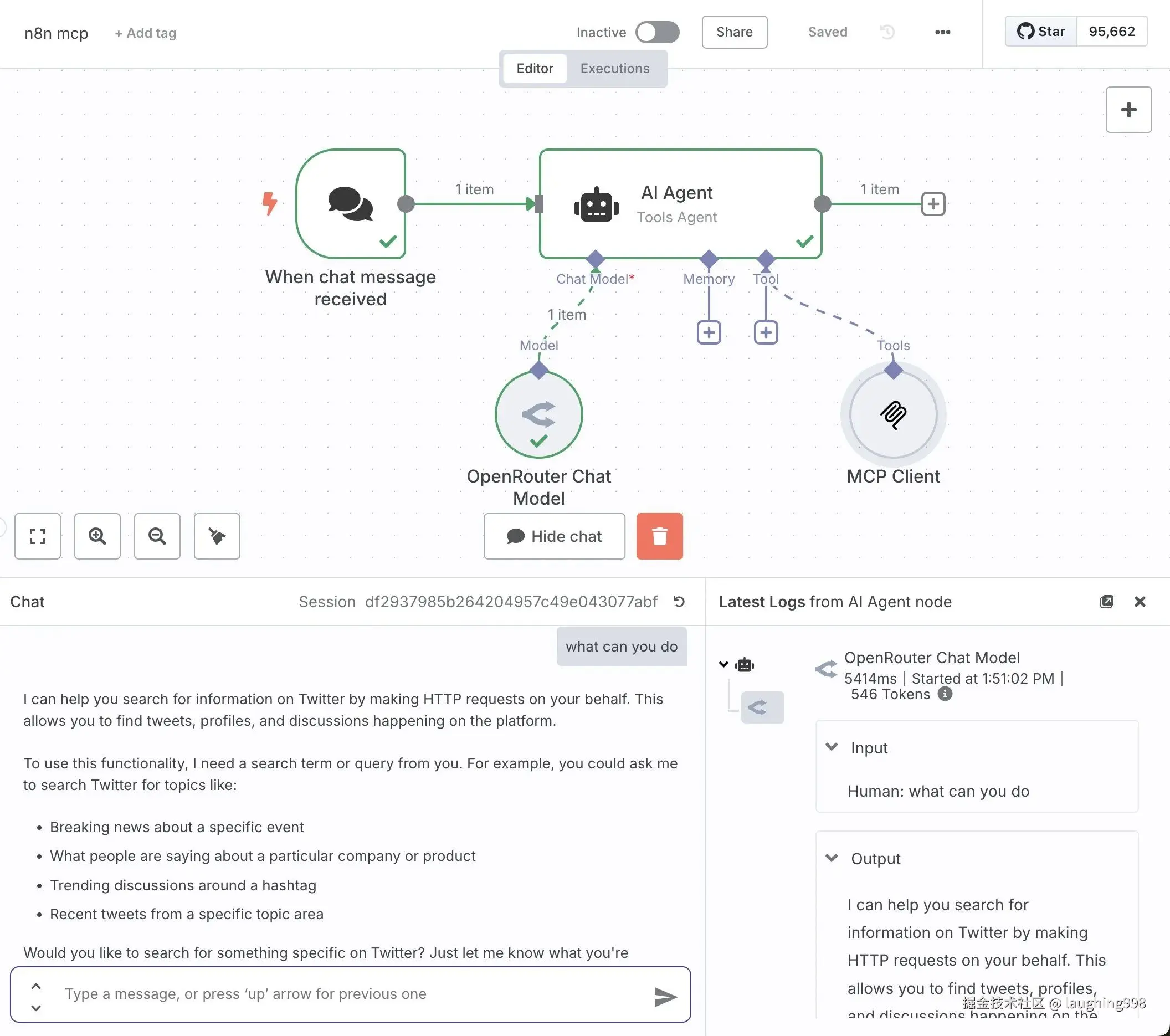 询问AI Agent能做什么，它已经知道自己能够搜索推文，代表MCP配置成功