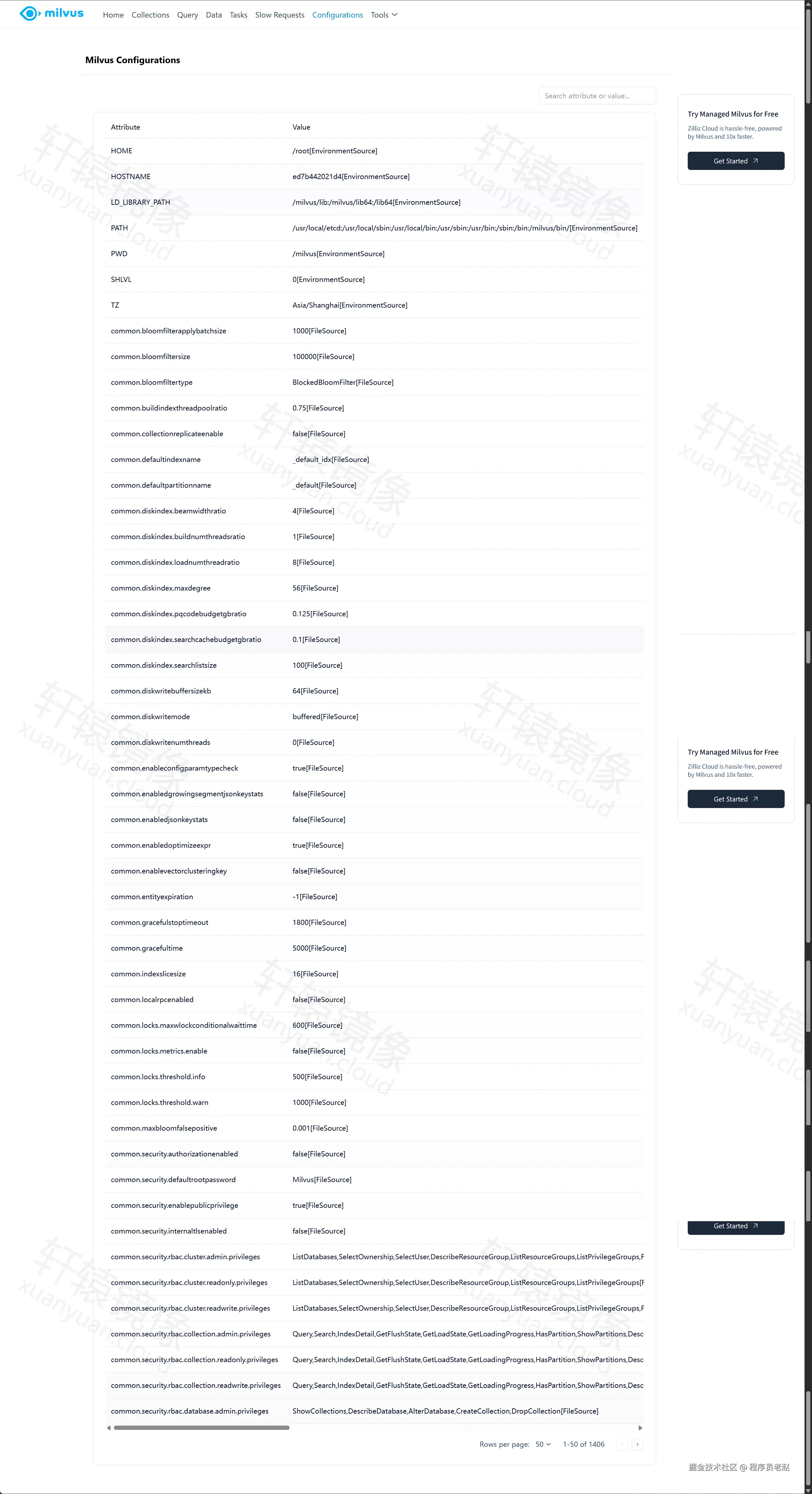 Milvus WebUI Configurations：TZ 为 Asia/Shanghai，authorizationenabled 为 false