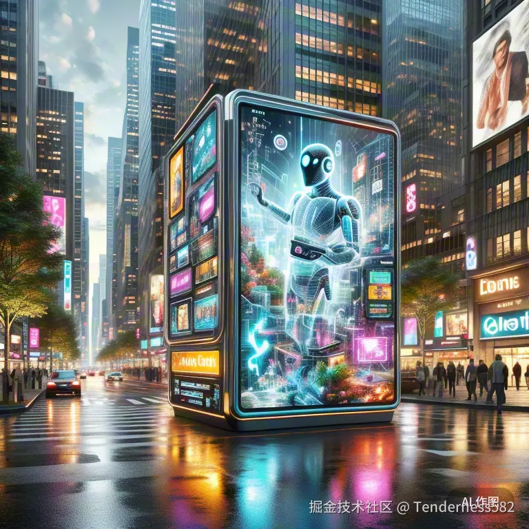 未来概念图展示智能体在城市广告牌和虚拟购物中的应用