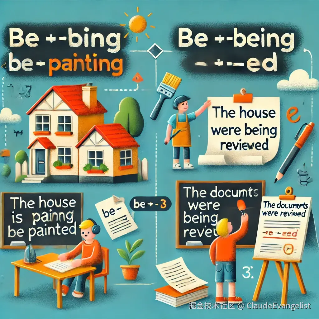 DALL·E 2024-12-25 11.18.09 - A visually engaging illustration explaining the English grammar structure 'be + -ing + -ed'. The image features a creative and educational design with.webp
