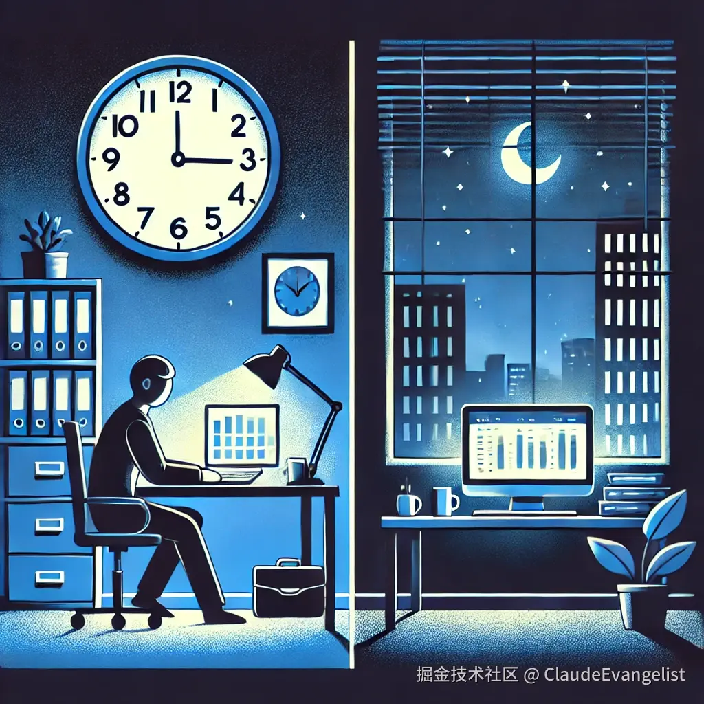 DALL·E 2024-10-30 21.36.11 - An illustration depicting the concept of a 'night shift.' Show a person working at a desk late at night, with a clock on the wall showing midnight. Ou.webp