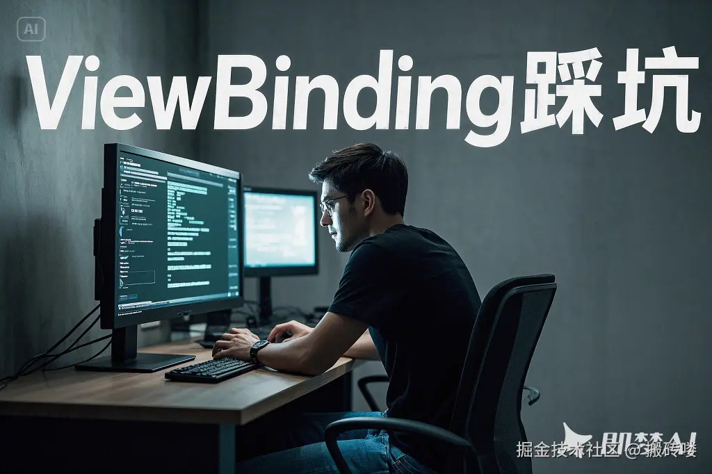 一位程序员坐在电脑旁“ViewBinding踩坑”.png