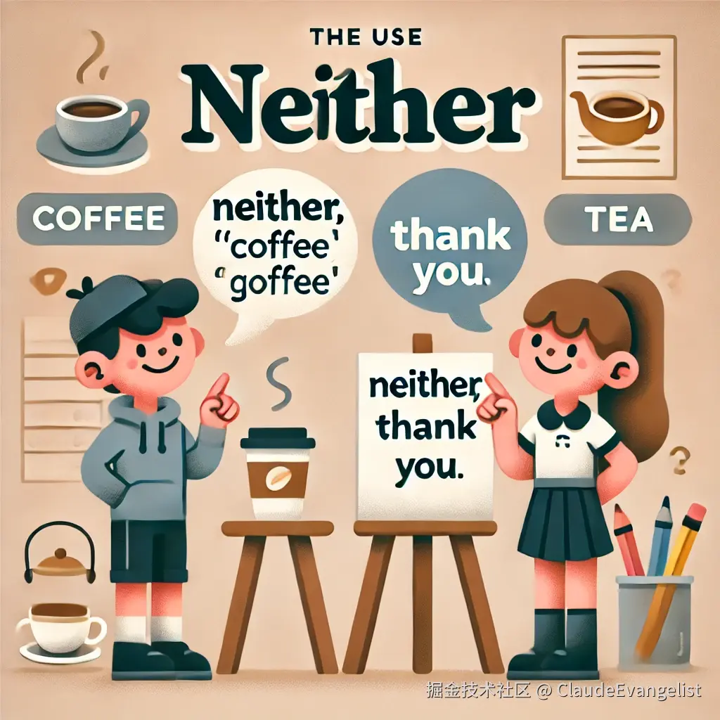 DALL·E 2024-09-01 11.31.52 - An educational illustration showing the use of 'neither' in English grammar. The image should depict two characters standing on either side of a sign .webp