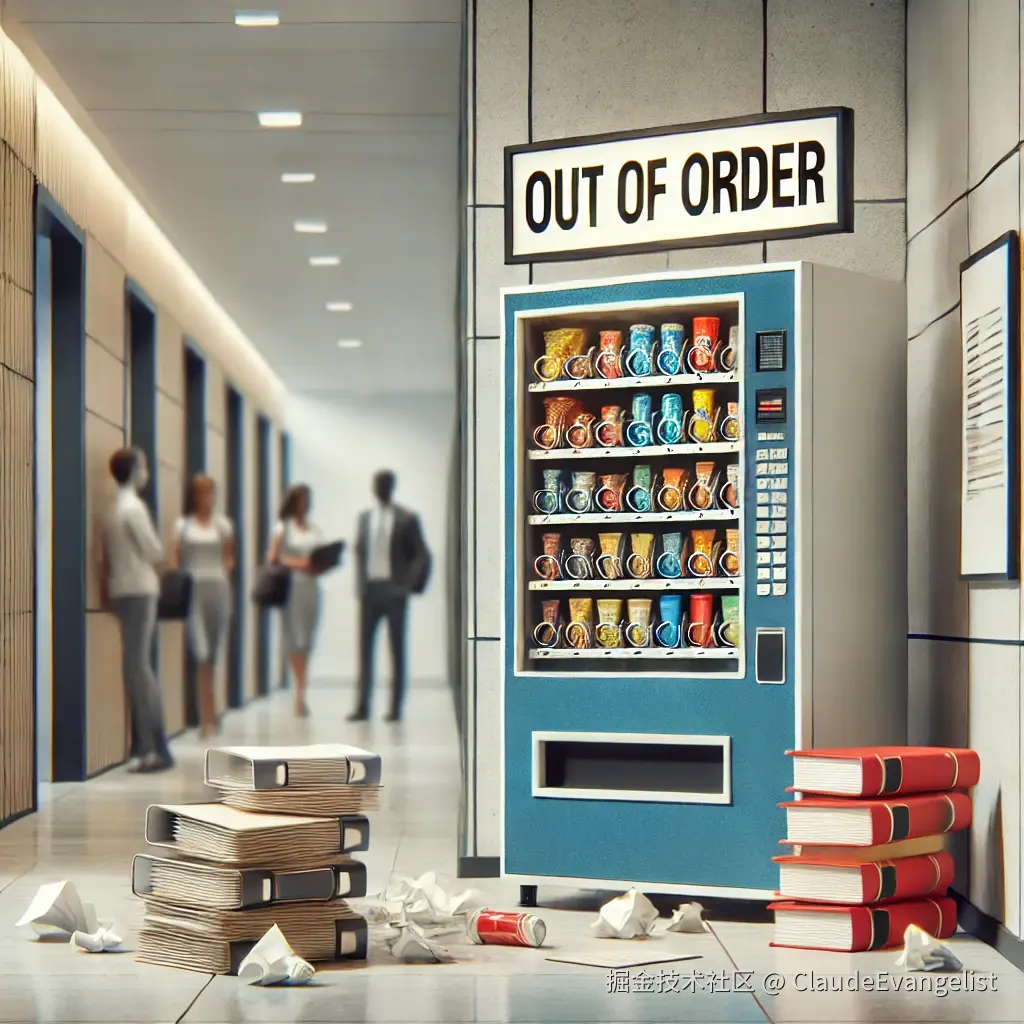 DALL·E 2024-12-11 23.22.21 - A visual representation of the phrase 'out of order' showing a broken vending machine with a clear 'Out of Order' sign on it, placed in a busy hallway.webp
