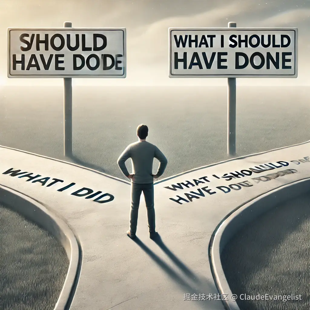 DALL·E 2024-10-15 22.03.19 - A visual representation of the phrase 'should have done' in English grammar. The image shows a person standing at a crossroads, with one road labeled .webp