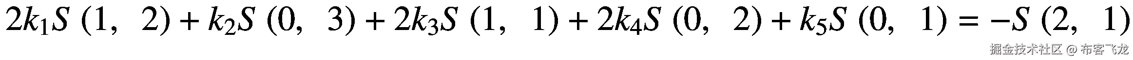 2{k}_1S\left(1,\kern0.5em 2\right)+{k}_2S\left(0,\kern0.5em 3\right)+2{k}_3S\left(1,\kern0.5em 1\right)+2{k}_4S\left(0,\kern0.5em 2\right)+{k}_5S\left(0,\kern0.5em 1\right)=-S\left(2,\kern0.5em 1\right)