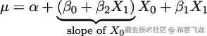 μ = 𝛼+ (◟𝛽0-+◝𝛽◜2X1-)◞X0 + 𝛽1X1 X0 的斜率