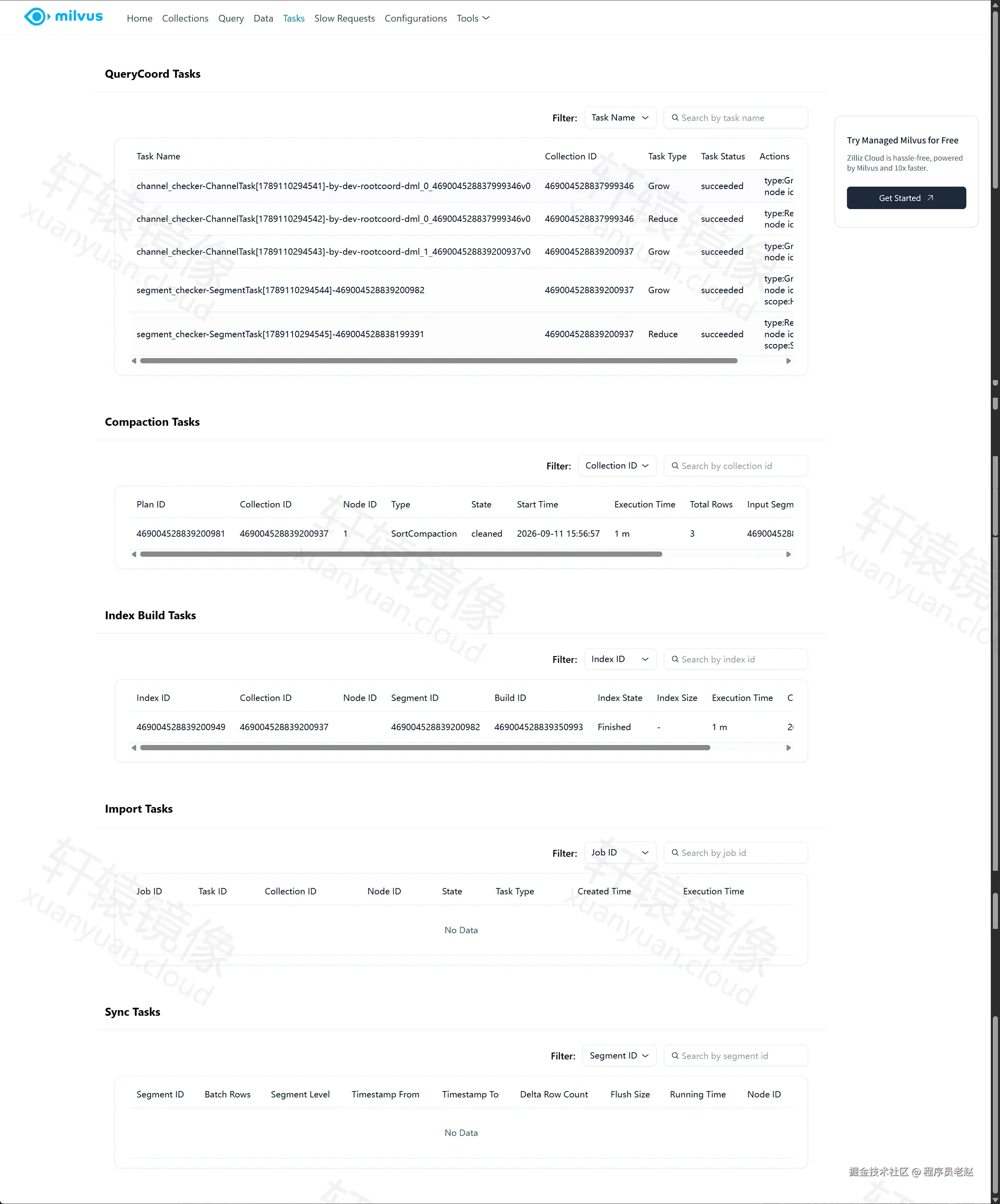 Milvus WebUI Tasks：QueryCoord、Compaction、Index Build 任务成功或已完成