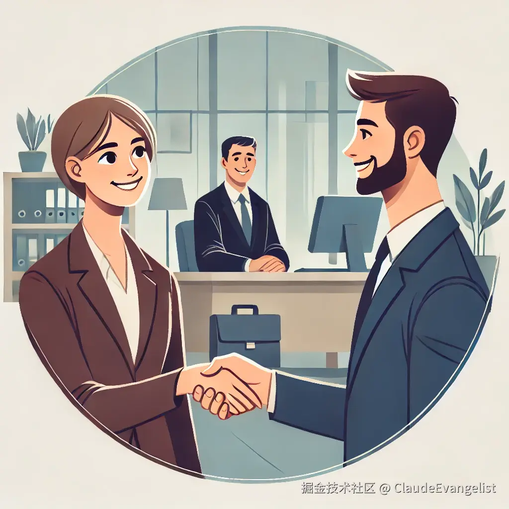 DALL·E 2024-10-26 08.40.03 - An illustration depicting a professional setting where two people are meeting for the first time. One person is smiling, giving a firm handshake, and .webp