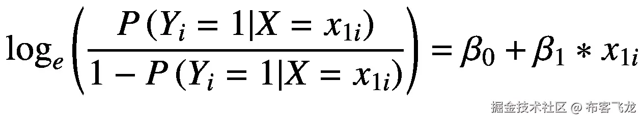 {\log}_e\left(\frac{P\left({Y}_i=1|X={x}_{1i}\right)}{1-P\left({Y}_i=1|X={x}_{1i}\right)}\right)={\beta}_0+{\beta}_1\ast {x}_{1i}