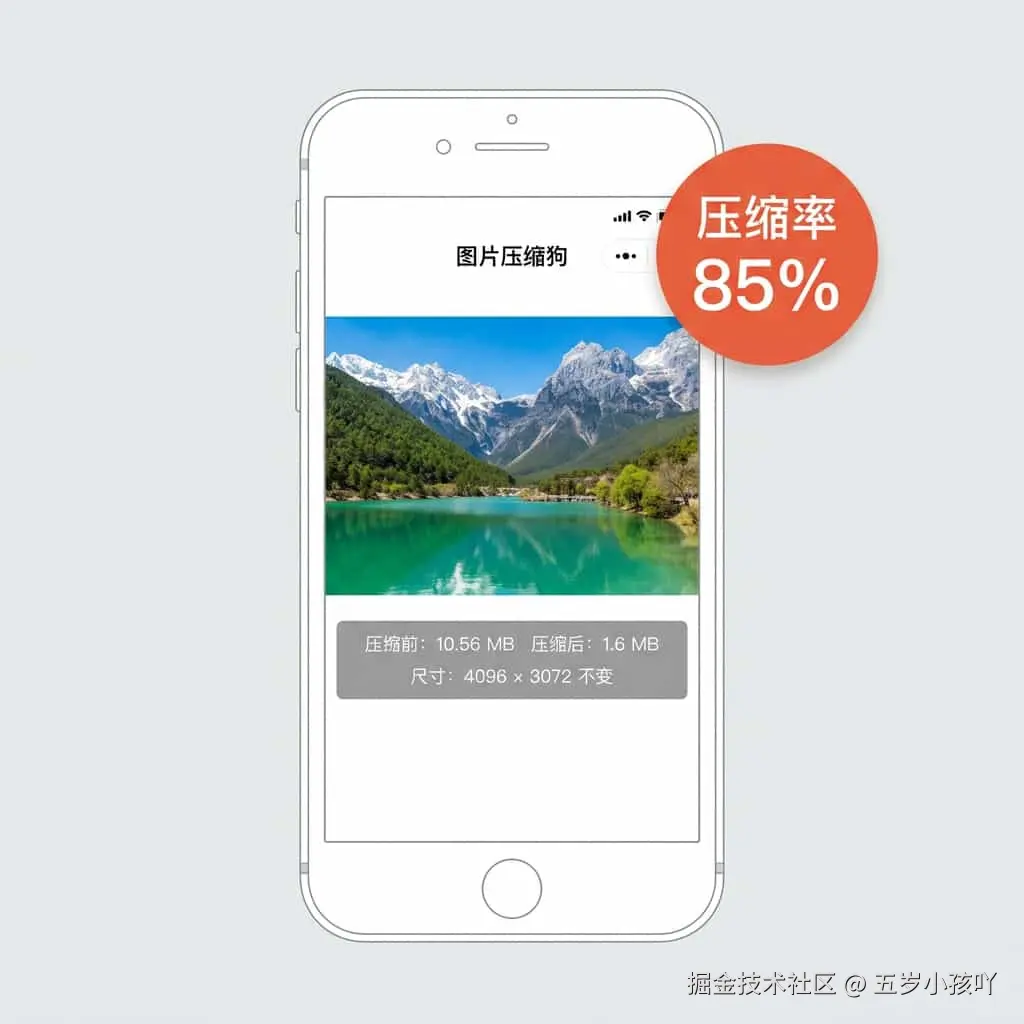 图片压缩狗小程序实测展示，10.56 MB 一秒压到 1.6 MB 压缩率 85%