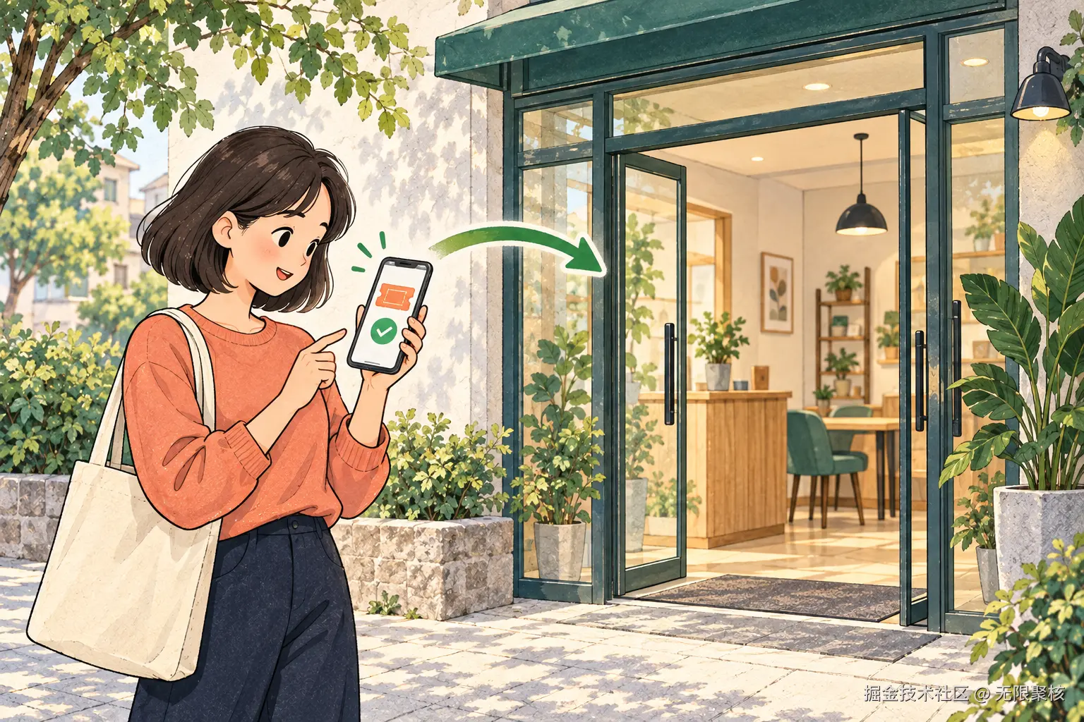 顾客在门店外使用微信小程序核销团购券的暖色手绘场景