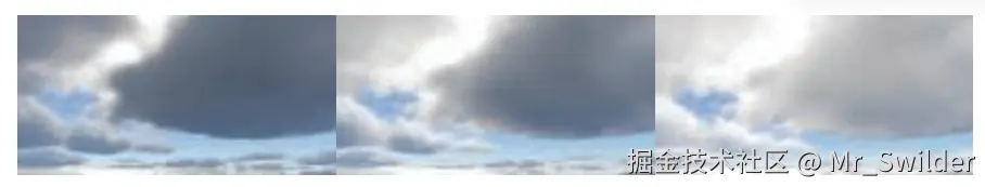 图14.31：使用 方程14.18 对多重散射进行近似，并据此渲染的云。从左到右，n分别为1、2、3。这使得太阳光能够以一种可信的方式穿透云层。 [743]