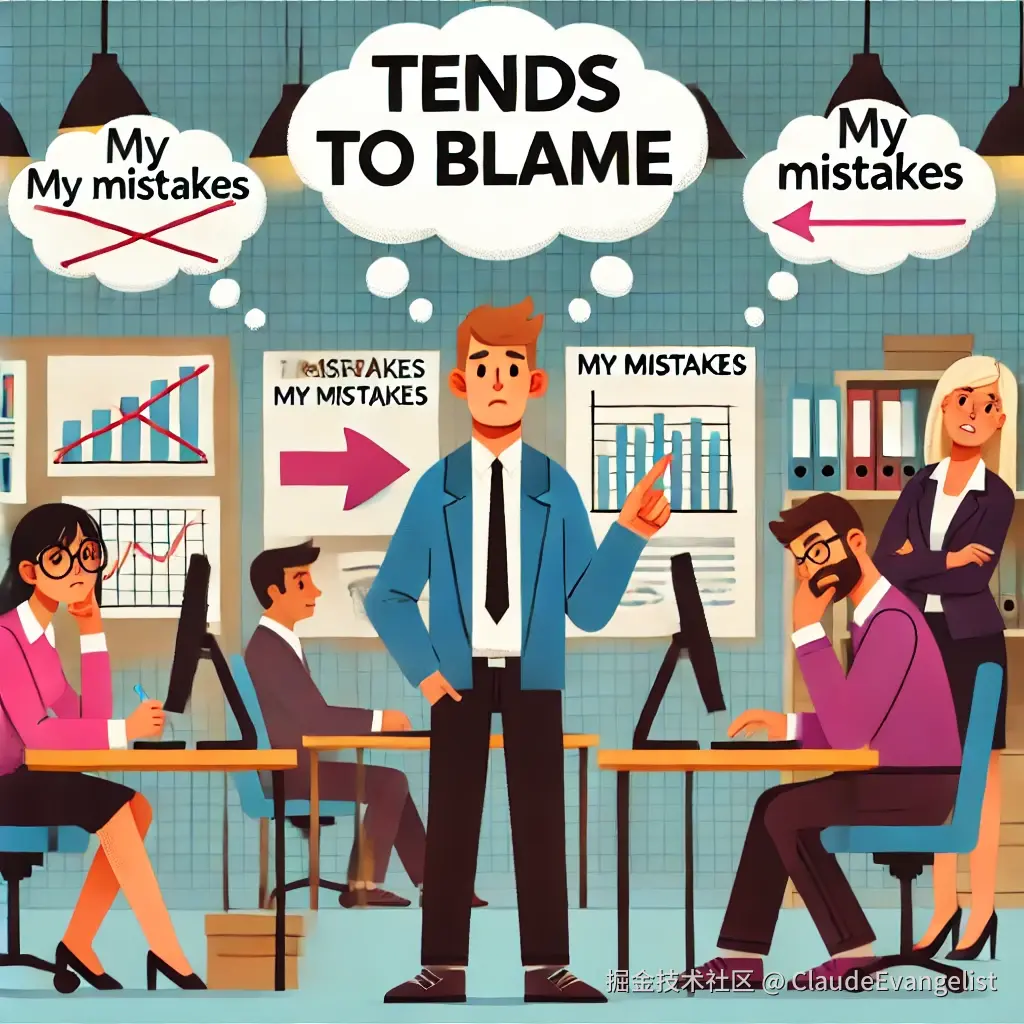 DALL·E 2024-11-03 11.31.49 - An educational illustration depicting the phrase 'tends to blame' in a visual format. The scene shows a person in a workplace setting looking frustrat.webp