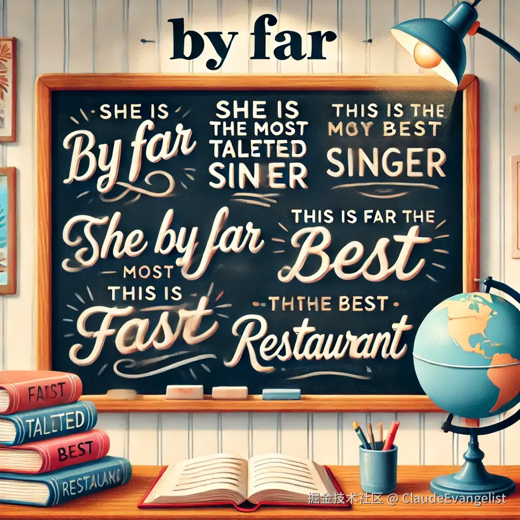 DALL·E 2024-12-12 00.05.05 - An educational illustration showing the usage of the English phrase 'by far' in different contexts. The image includes a clean chalkboard with neatly .webp