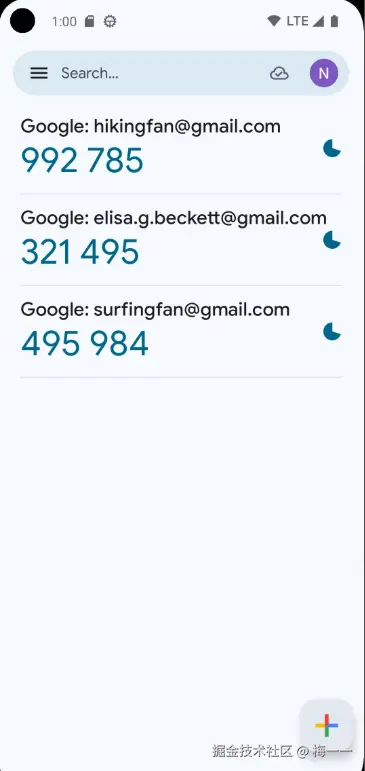 Google Authenticator 老版本界面截图，展示动态验证码生成