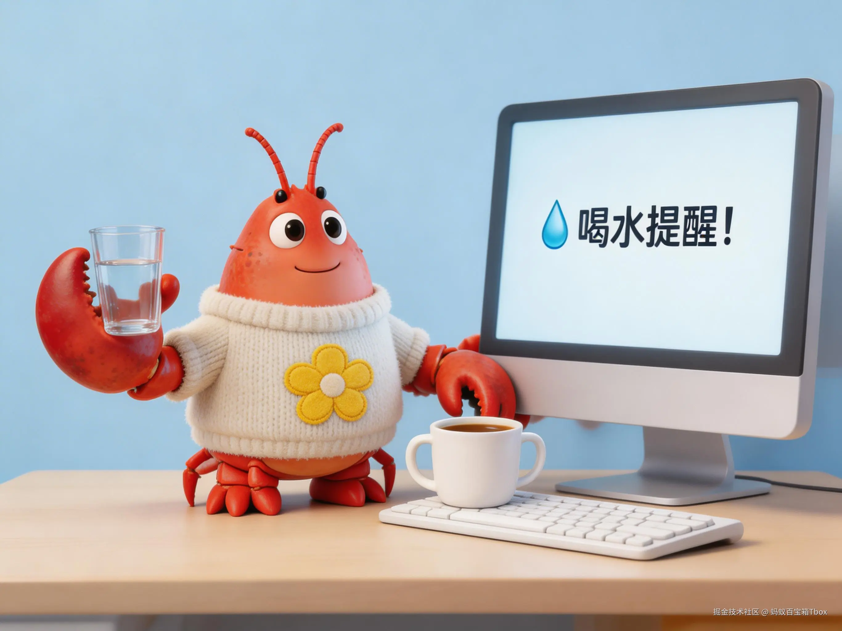 主题为拟人化龙虾办公的趣味插画，采用横版构图，背景为浅蓝墙面与办公桌场景，桌面有键盘、咖啡杯与电脑屏幕；主体为一只穿毛衣的红色卡通龙虾，站起来准备喝水，毛衣覆盖腹部并露出四肢，毛衣上有黄色花朵贴布，龙虾头部正对镜头，视线朝向电脑屏幕；电脑屏幕显示喝水提醒，屏幕边框轻微遮挡龙虾右侧钳子；色彩以暖红、浅蓝、米白为主，情绪活泼、俏皮、治愈；技法包含毛绒质感与3D渲染细节，整体风格为可爱卡通与现代办公融合。.jpg