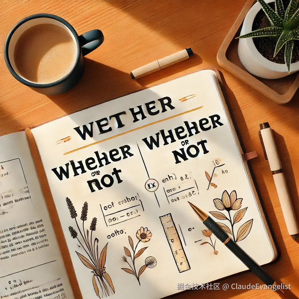 DALL·E 2024-10-31 23.06.39 - An illustration of an open notebook on a wooden desk with the words 'whether' and 'whether or not' written on the page, alongside simple examples. The.webp