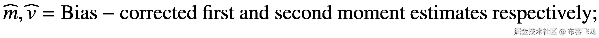     \widehat{m},\widehat{v}=\mathrm{Bias}-\mathrm{corrected}\ \mathrm{first}\ \mathrm{and}\ \mathrm{second}\ \mathrm{moment}\ \mathrm{estimates}\ \mathrm{respectively};    