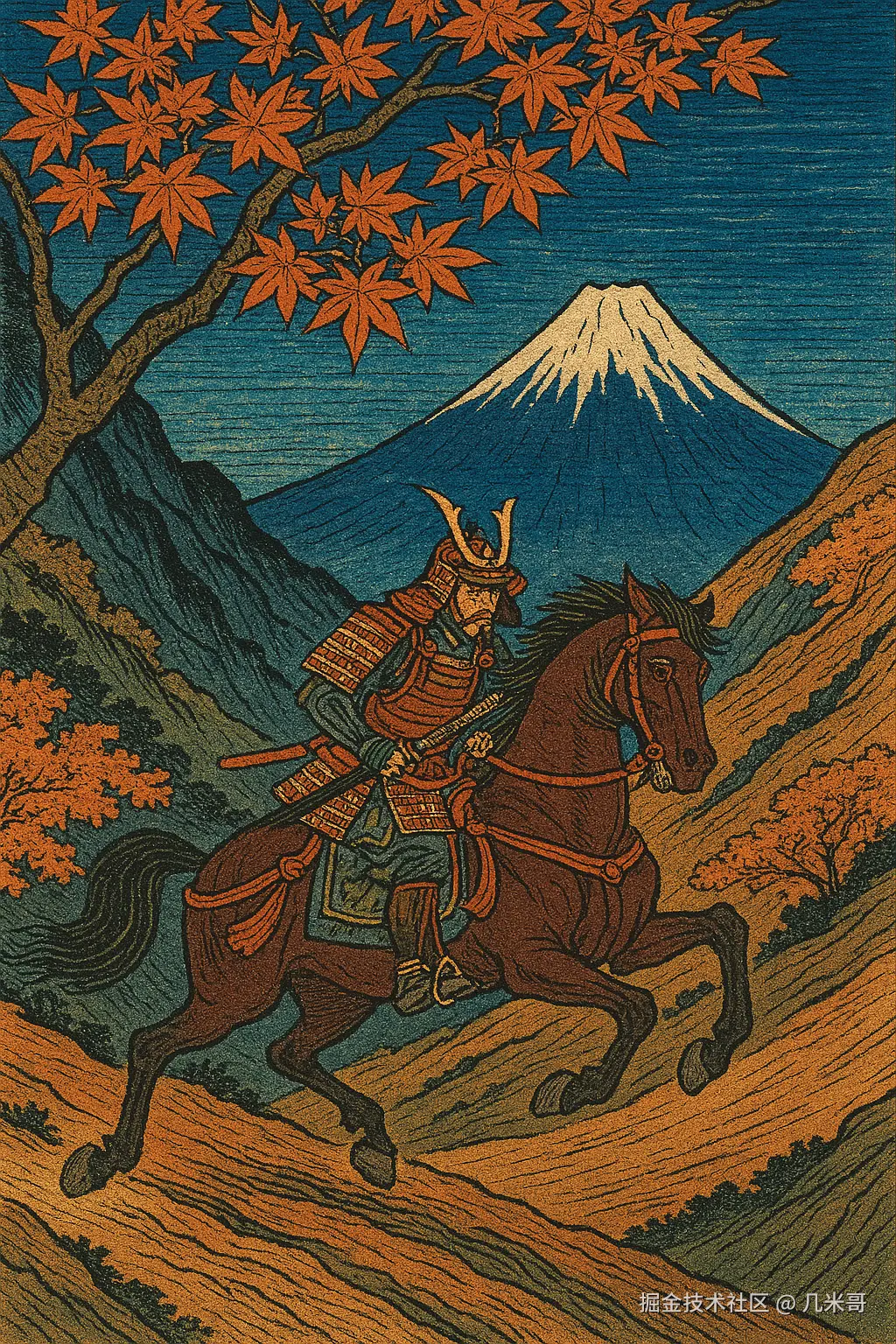 浮世绘风格武士山间骑行