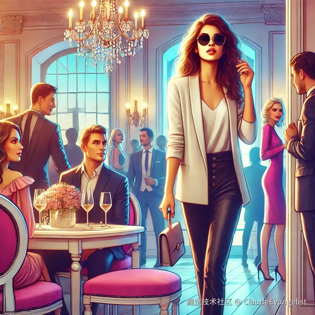 DALL·E 2024-12-07 22.46.35 - An elegant, stylish party scene with a fashionable woman arriving slightly late to a social gathering. She is entering a well-decorated room filled wi.webp