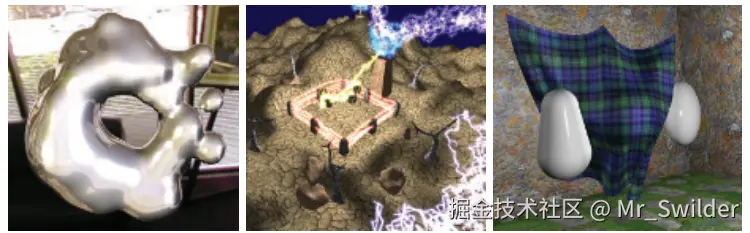 图3.13：一些几何着色器（GS）的应用。左边：使用几何着色器来对元球（metaball）进行动态等值面曲面细分。中间：通过使用几何着色器来完成线段的分形细分，并使用几何着色器来创建用于显示闪电的告示牌。右边：使用流式输出的顶点和几何着色器进行布料模拟。 [1300]