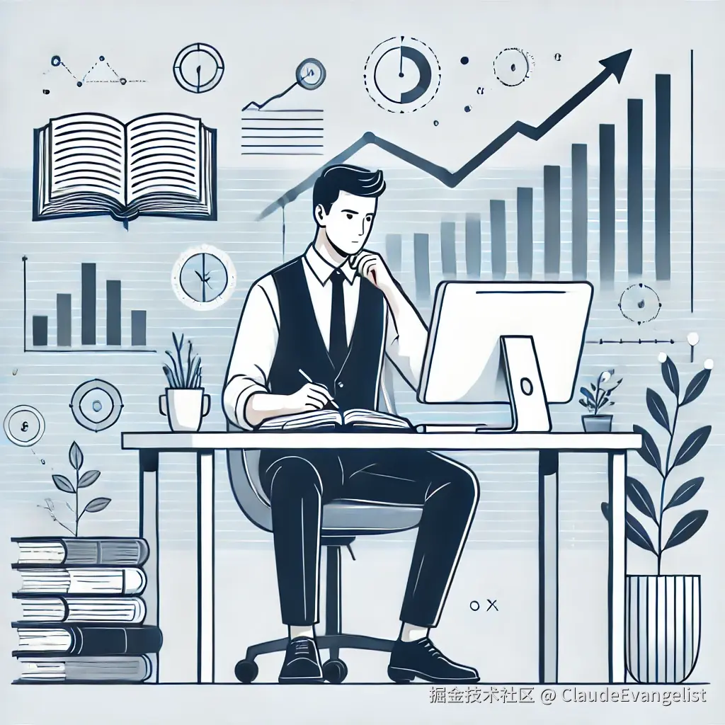 DALL·E 2024-11-10 20.08.31 - Illustration depicting a white-collar professional seated at a desk with a computer, deep in focused study, surrounded by elements symbolizing career .webp