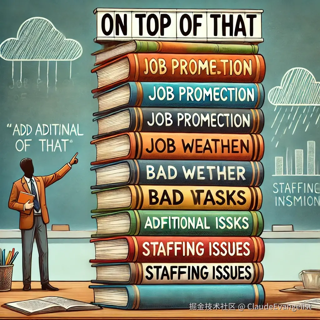 DALL·E 2024-11-02 21.47.20 - An educational illustration depicting the phrase 'on top of that' in a creative way. The image shows a stack of books labeled with various positive an.webp