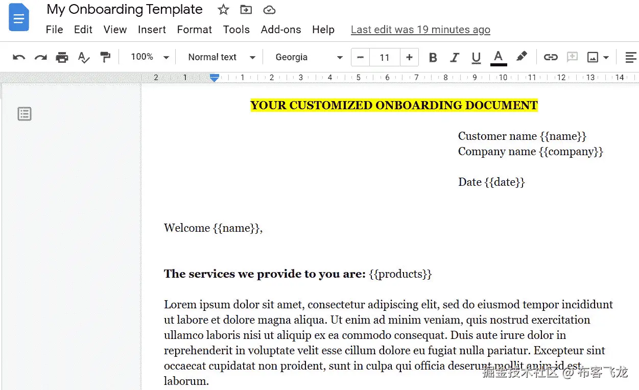 图 22.5 – 使用邮件合并字段创建的 Google Docs 模板
