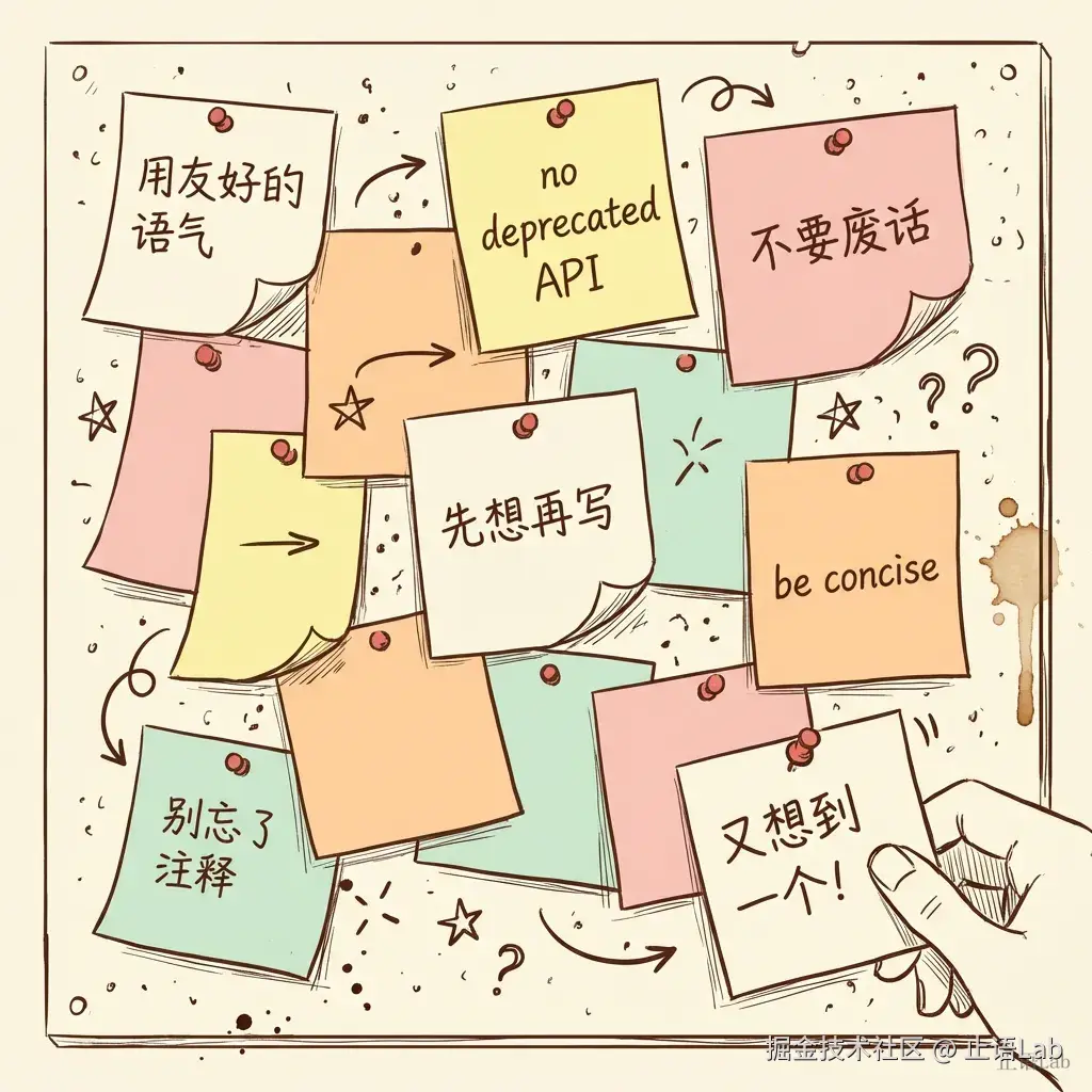杂乱的便利贴墙，代表零散的 prompt 时代