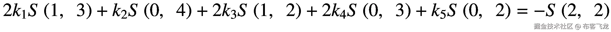2{k}_1S\left(1,\kern0.5em 3\right)+{k}_2S\left(0,\kern0.5em 4\right)+2{k}_3S\left(1,\kern0.5em 2\right)+2{k}_4S\left(0,\kern0.5em 3\right)+{k}_5S\left(0,\kern0.5em 2\right)=-S\left(2,\kern0.5em 2\right)