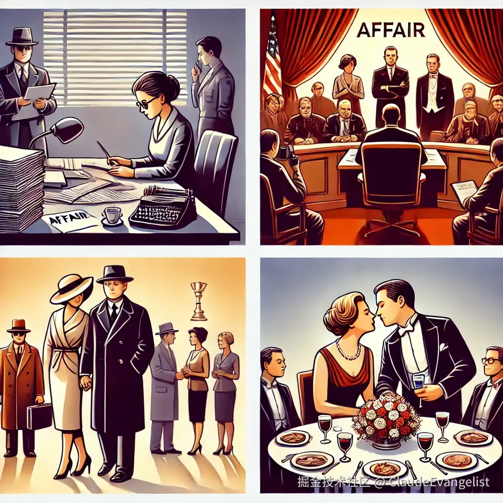 DALL·E 2024-11-09 23.27.16 - A set of four distinct illustrations representing the different meanings of the word 'affair'_ __1. A professional woman in an office, surrounded by d.webp