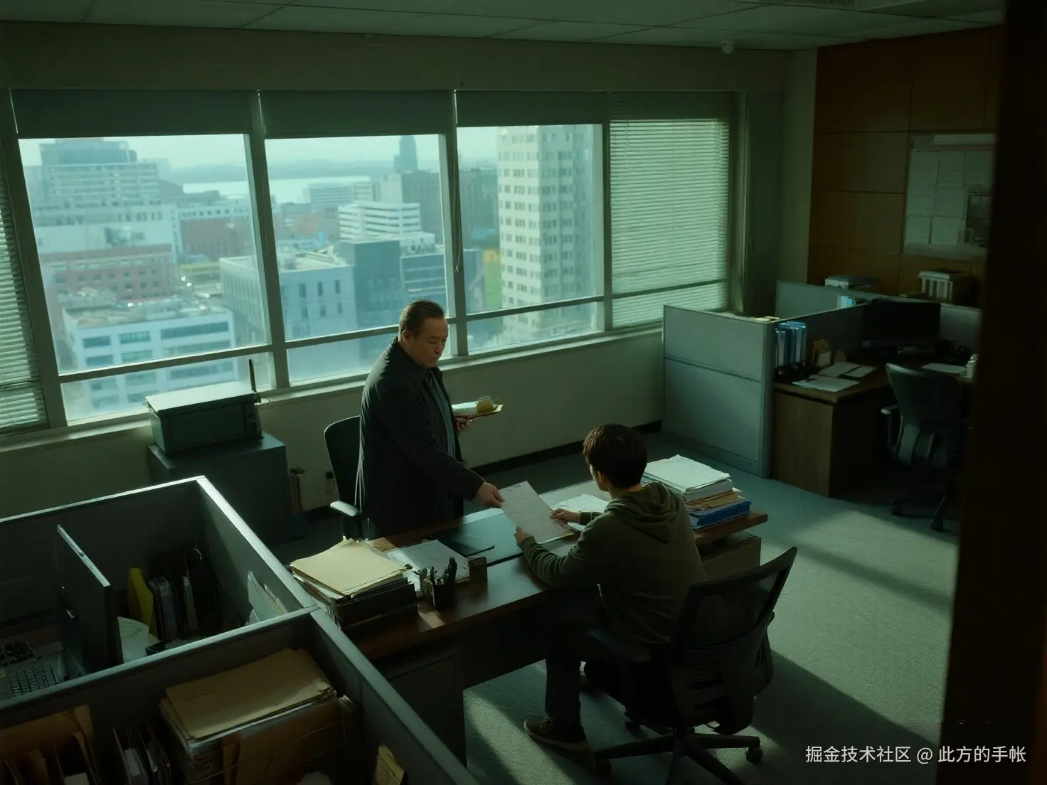 jimeng-2025-07-16-1705-办公室全景严肃氛围，赵经理40岁微胖身材穿深色外套站窗边递出厚重文件。李默32岁..._cleanup.jpeg
