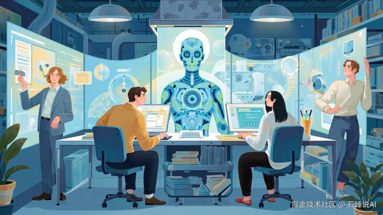 A futuristic AI lab with researchers working on advanced technology, glowing screens, and a sense of innovation in the air