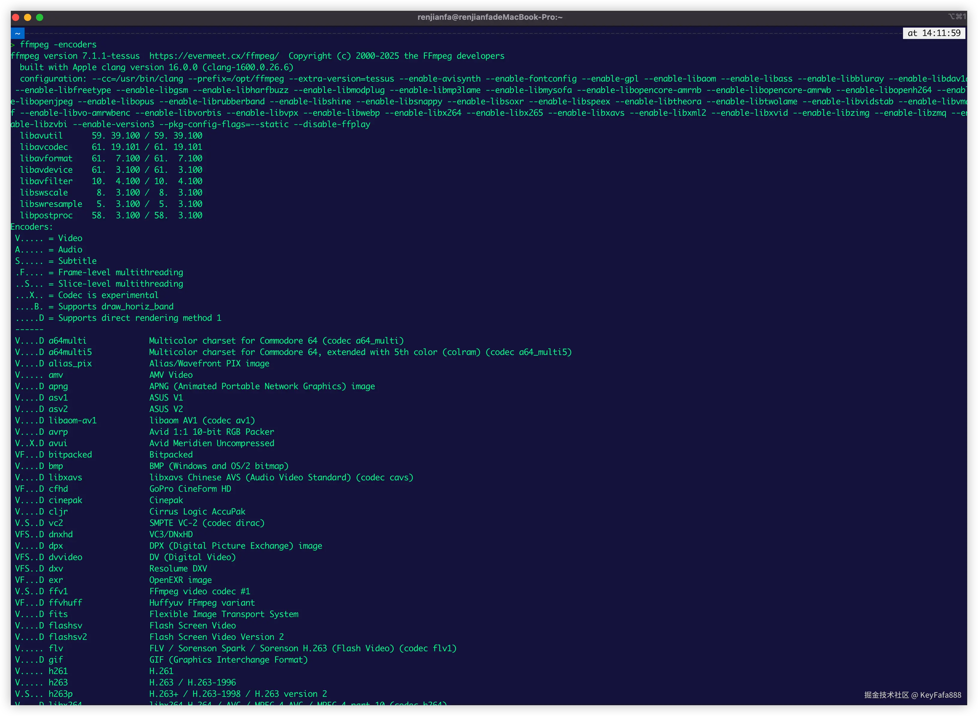 查看 FFmpeg 支持的编码器命令