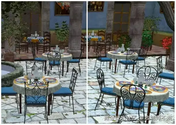 左图： 使用ACES色调映射的San Miguel 3D Tileset。右图： 使用Khronos PBR中性色调映射的San Miguel 3D Tileset。  请注意，右图中的白色更加明亮，绿色和蓝色更加饱和。