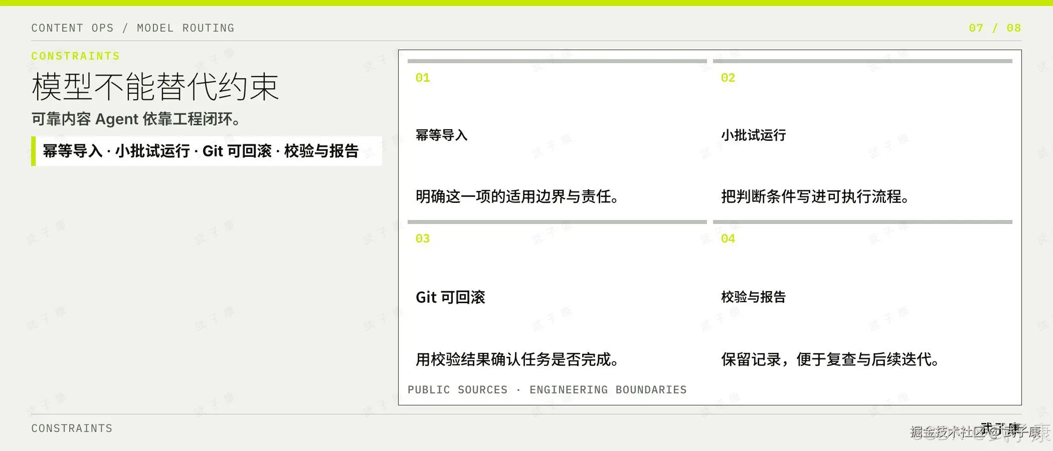 模型不能替代约束:可靠内容 Agent 依靠工程闭环;四块 幂等导入 · 小批试运行 · Git 可回滚 · 校验与报告