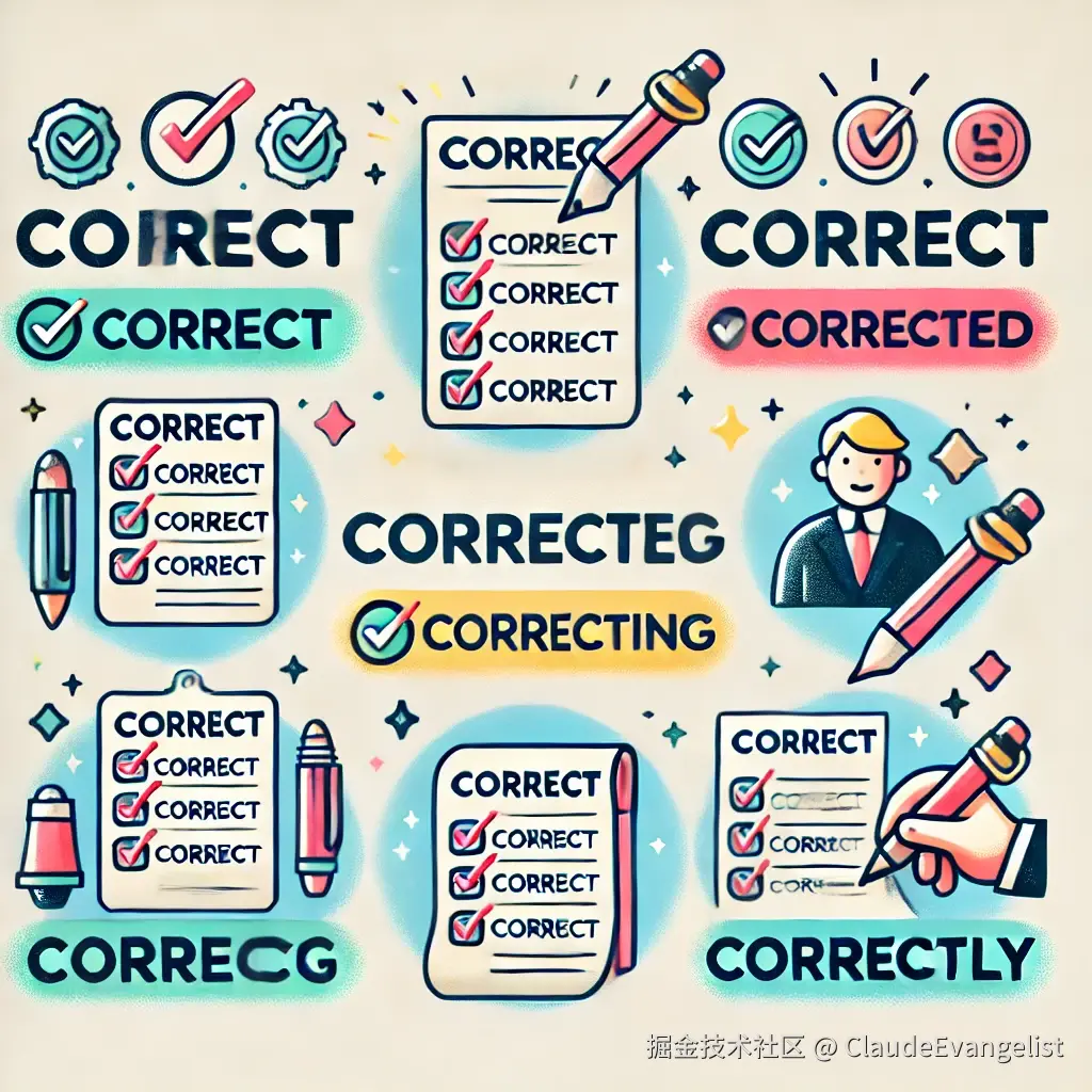 DALL·E 2024-09-08 20.35.44 - A visually appealing illustration showing the different forms of the word 'correct' in English grammar, such as 'correct,' 'corrected,' 'correcting,' .webp