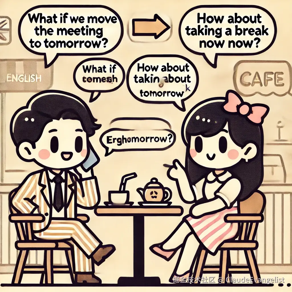 DALL·E 2024-10-06 19.20.04 - A cartoon-style illustration of two people having a casual conversation in English, with speech bubbles above their heads showing phrases like 'What i.webp