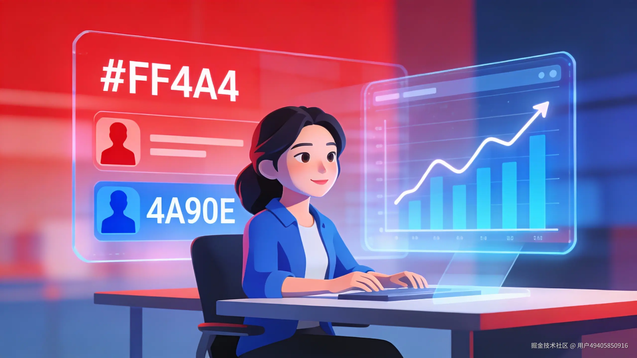 一位亚洲女性创作者坐在现代感的书桌前，面前是悬浮的全息数据图表界面，显示着上升的曲线和用户头像剪影