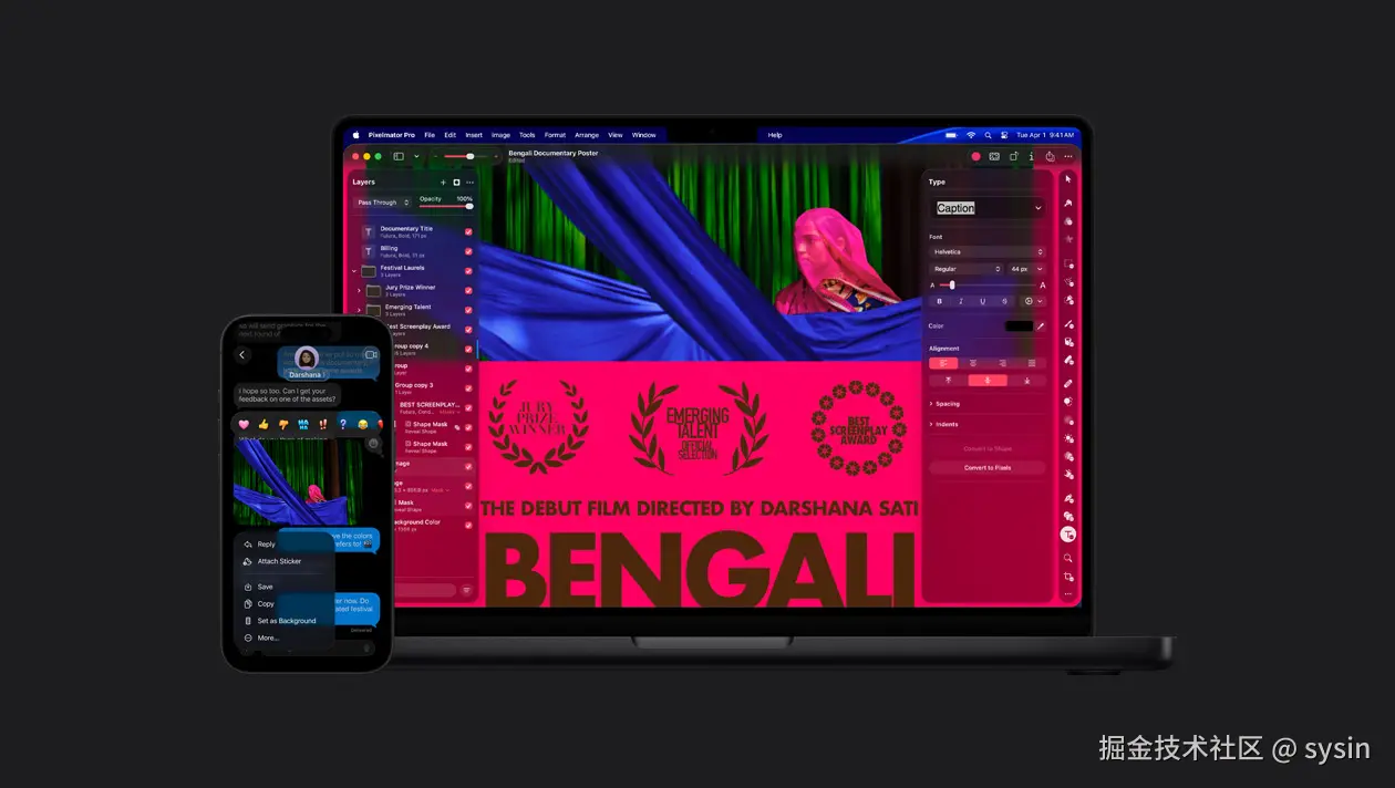 iPhone 16 屏幕显示信息 app 中头戴粉色面纱的女子的照片，以及表情符号回应选项、图像选项；14 英寸 MacBook Pro 屏幕显示头戴粉色面纱的女子的照片以及电影海报，各种编辑工具分布于画面左右两侧。