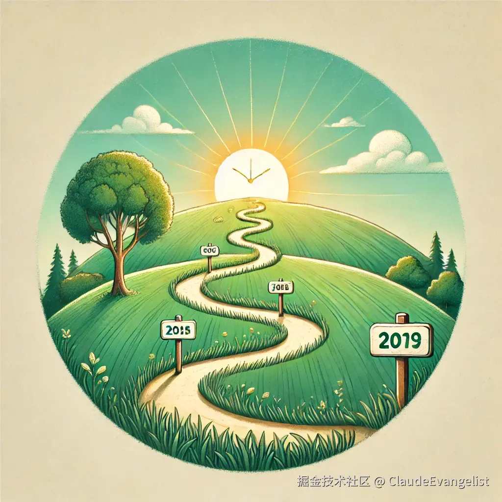 DALL·E 2024-10-30 20.49.50 - A thoughtful illustration of a winding path through green fields, symbolizing a journey over time, with a setting sun in the distance symbolizing the .webp