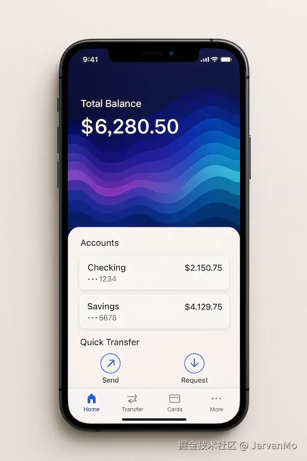 A modern fintech dashboard showing a shimmering shader-based header background — illustrating how FragmentProgram enhances real UI.