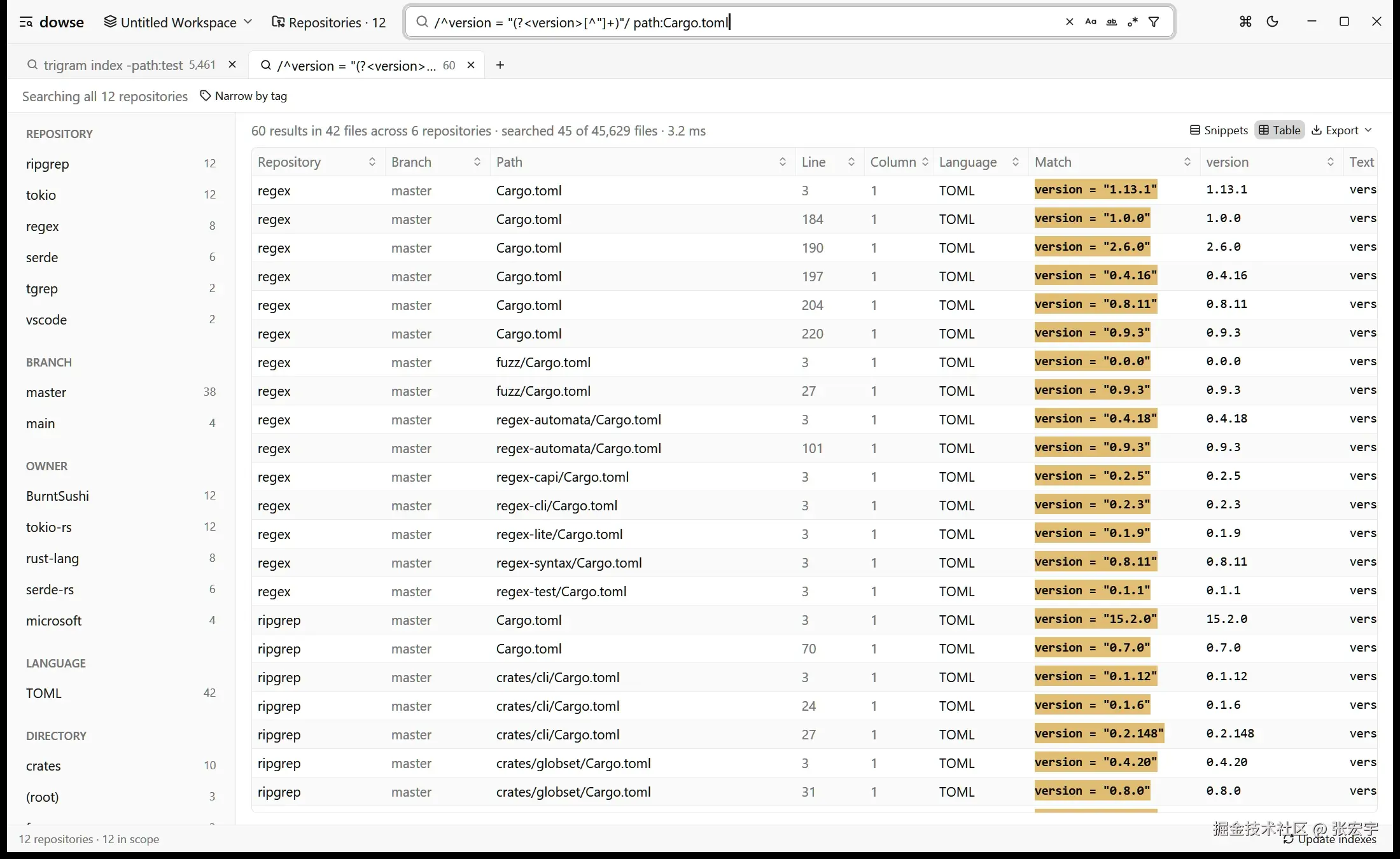 表格视图：ripgrep、regex、tokio、serde、tgrep 里每一行 Cargo.toml 的 version，最后一列来自命名捕获组