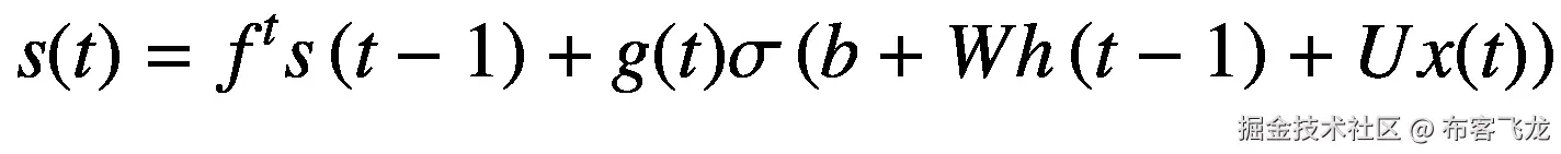 s(t)={f}^ts\left(t-1\right)+g(t)\sigma \left(b+ Wh\left(t-1\right)+ Ux(t)\right)